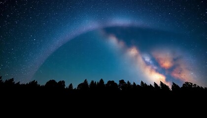 Wall Mural - Vast, star-streaked Milky Way arches over silhouetted trees; ample copy space, empty space, landscape