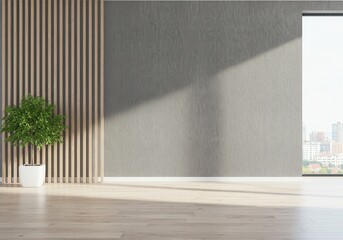 Poster - Minimalist room interior with plant, wood slats, gray wall and city view