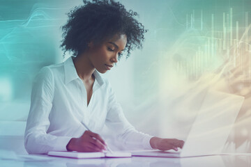 Poster - African woman in white shirt working on laptop and notebook, charts and graphs in background, showcasing business, finance, or technology concept