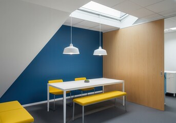 Poster - Modern office break room with yellow seating and a white table under pendant lights