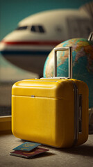 Poster - Yellow suitcase with passports, globe, and airplane in background, symbolizing travel and adventure