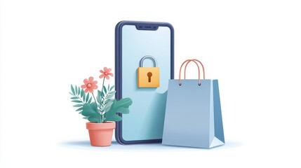 Poster - A smartphone with a lock symbol, a shopping bag, and a potted plant represent online security and e-commerce.
