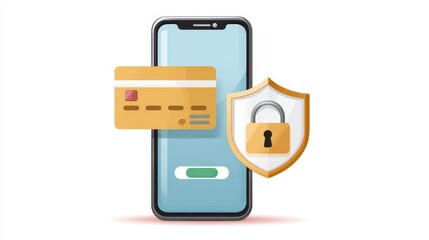 Poster - Digital illustration of a smartphone displaying a credit card and a shield symbolizing security and online protection.