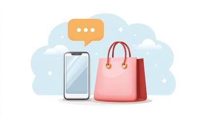 Poster - A smartphone and a stylish handbag with a speech bubble, representing online shopping and communication.