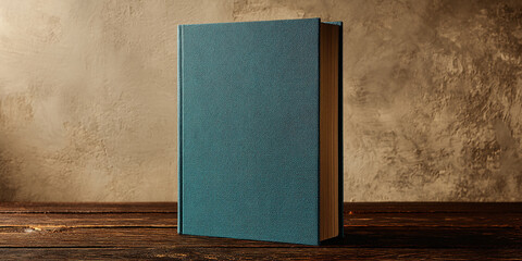Poster - Teal book cover mockup on dark wood table against textured wall, showcasing blank space for design or text, ideal for publishing or literature concepts