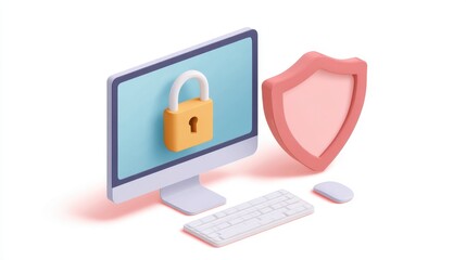 Poster - Digital illustration of a computer with a padlock and shield, symbolizing cybersecurity and data protection.