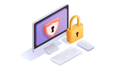Poster - Digital illustration of a computer with a shield and lock symbolizing cybersecurity and data protection.