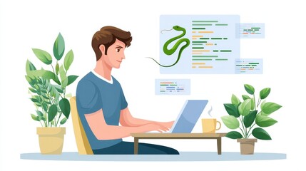 Poster - A person working on a laptop surrounded by plants, with charts and graphics in the background, illustrating a productive workspace.