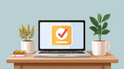 Poster - A laptop on a desk displays a task completion graphic, surrounded by potted plants and books, creating a cozy workspace atmosphere.