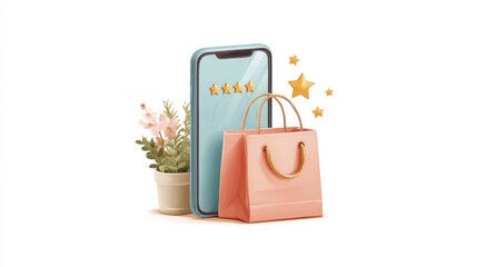 Poster - Shopping illustration featuring a smartphone, shopping bag, and a potted plant with decorative stars.
