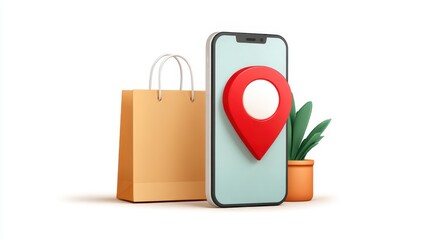 Poster - A shopping bag, smartphone with a location pin, and a plant create a modern retail concept emphasizing online shopping and navigation.