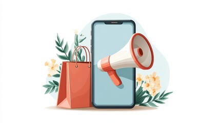 Poster - Digital illustration featuring a smartphone, a megaphone, and shopping bags surrounded by flowers, symbolizing online shopping and marketing.