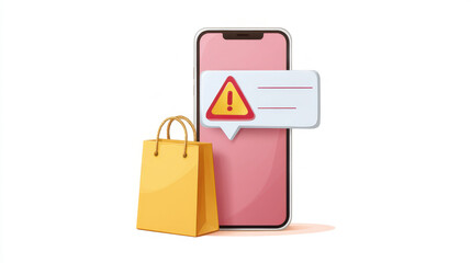 Poster - Digital illustration of a smartphone displaying a warning message next to a shopping bag, symbolizing online shopping alerts.