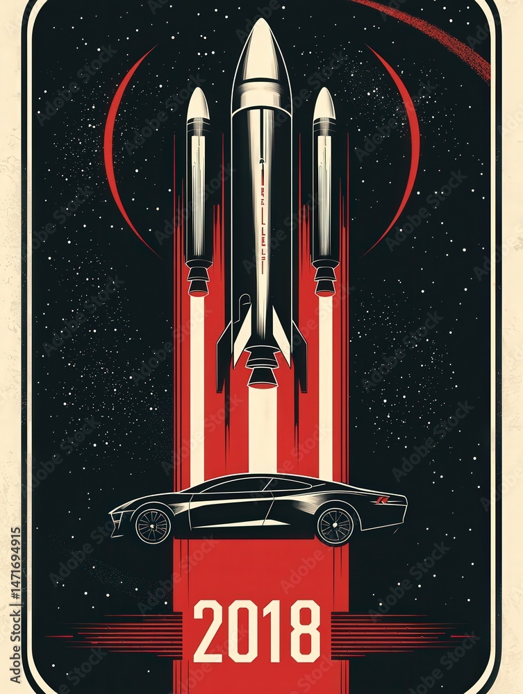 A sleek rocket launches into space, flanked by two additional rockets. Below, a modern sports car sits on a red platform with a bold year displayed prominently, set against a cosmic backdrop.