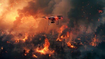 Poster - Investigative drone flying above fire-damaged zone, documenting terrain, modern vector look, Cinematic Scene