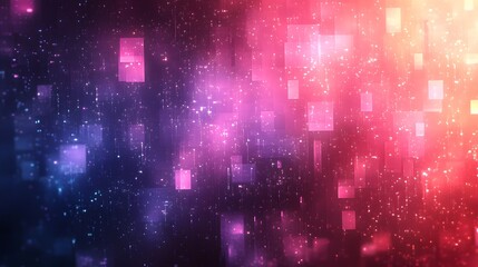 Poster - A vibrant and abstract digital rendering filled with illuminated squares, set against a gradient of rich, contrasting hues and a celestial background, and an effect of a futuristic digital universe.