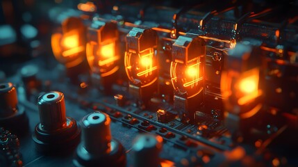 Poster - Close-up of electrical relay glowing after repair, hopeful tension, photo-real macro, Cinematic Scene