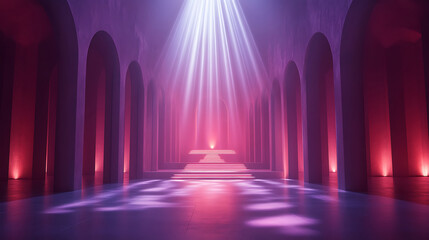 Poster - Abstract interior hallway with arches stairs and striking light beams in purple and pink