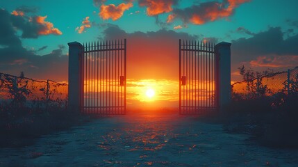 Poster - Calm sunrise behind digital security gate now fully functional, renewed confidence, wide cinematic clarity, Cinematic Scene