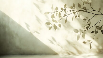 Poster - Abstract interior with branch and leaf shadows casting on textured wall gentle morning light creates calming atmosphere
