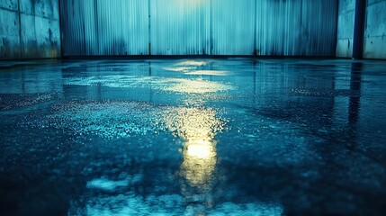 Aufkleber - Low-hanging exit light reflecting on wet concrete floor, tension fading into stillness, Cinematic Scene