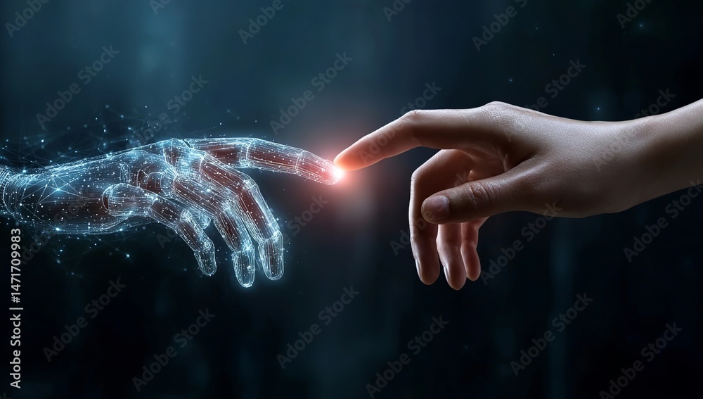 Artificial intelligence and a human hand touching each other, a digital ...