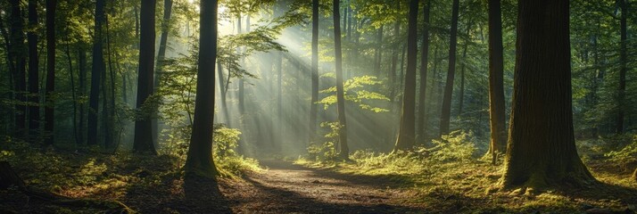 Poster - Sunbeams illuminate a tranquil forest path, dappled light filtering through lush green canopy, creating a magical, serene atmosphere. : Generative AI