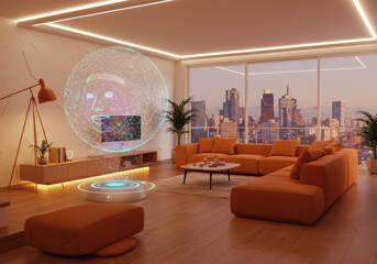 Fototapete - Modern living room with holographic display