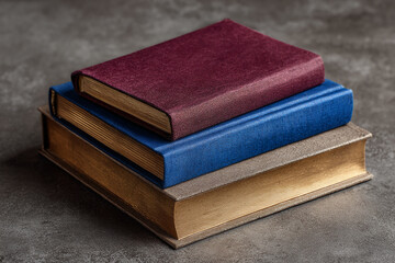 Poster - Stack of three books with burgundy, blue, and gold covers showcasing texture and color contrast, representing knowledge, education, and classic elegance