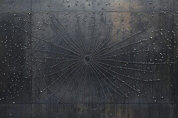 Intricate spiderweb adorned with dewdrops on a dark, textured surface.