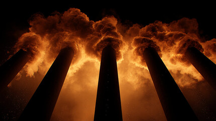 Aufkleber - Low-angle view of tall industrial pipes emitting dense orange smoke against a black sky, symbolizing industrial pollution or environmental issues
