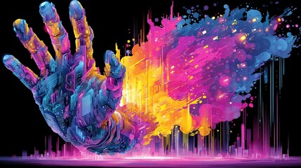 Poster - Digital Metamorphosis, an imaginative exploration of identity where a handprint evolves into a vibrant matrix, symbolizing the fusion of humanity and technology.
