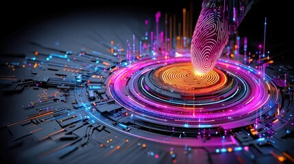 Poster - Glowing Digital Fingerprint Scanner, an advanced security device featuring an illuminated interface, enhancing user interaction and efficiency during modern security checks.