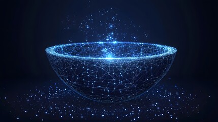 Aufkleber - A mesmerizing display of interconnected blue networks forming a bowl-shaped structure, emanating light and energy. The captivating glow evokes innovation in Abstract dark blue wireframe.