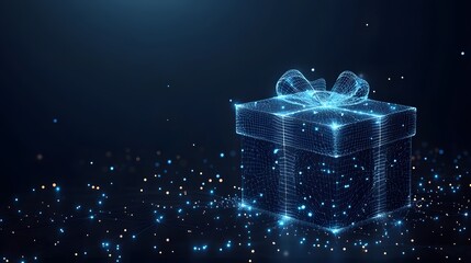 Poster - A captivating blue wireframe gift box with a matching bow, radiating digital charm. Glowing orbs create a networked backdrop, symbolizing innovation. Abstract dark blue wireframe