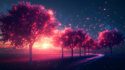 Poster - Enchanted trees glow under a mystical sky, illuminating a path into the unknown. Sunset hues blend in this magical landscape, a serene Future Farming Background.