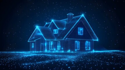 Poster - A blue wireframe house, a digital architectural rendering, showcases a complex roof and simulated landscape. Futuristic home design, a virtual dwelling for the modern age. Abstract dark blue wireframe