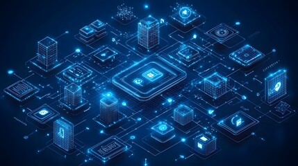 Poster - Futuristic digital city concept with interconnected buildings and icons. Represents a modern, technological network perfect for illustrating innovation and connectivity. Abstract dark blue wireframe