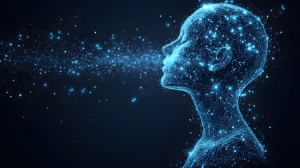 Aufkleber - A digital human head profile composed of glowing blue network lines. Points emanate from the mouth, illustrating technology's link to consciousness and data transfer. Abstract dark blue wireframe