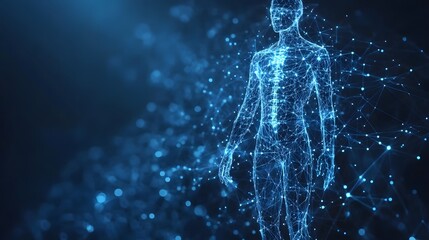 Leinwandbilder - Digital human body glowing blue, a network of lines and nodes represents the body and skeleton. Technology, data, human anatomy in a modern digital context. Abstract dark blue wireframe