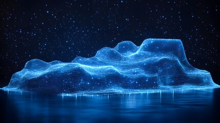 Fototapete - Futuristic digital landscape with a reflective surface showing an illuminated grid terrain under a starry sky. High-tech and ethereal data visualization. Abstract dark blue wireframe.