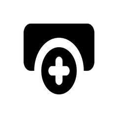Poster - Black rectangle with rounded corners above a semicircle and plus sign inside a circle below it