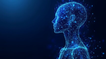 Fototapete - Abstract depiction of human intelligence. Interconnected network representing consciousness and thought. Ideal for technology, science, and futuristic concepts. Abstract dark blue wireframe.