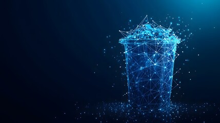 Poster - Futuristic trash can artfully rendered with glowing blue networks against a dark gradient. A striking visual blending waste and high-tech aesthetics. For Abstract dark blue wireframe.