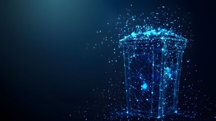 Poster - Futuristic trash can concept visualized with blue points and lines. The glowing contents suggest digital waste or data overflow. A modern metaphor for environmental issues. Abstract blue wireframe