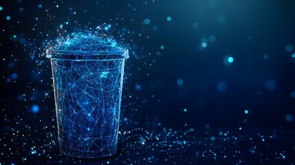 Aufkleber - A glowing, blue digital cup overflows with networked lines, set against a bokeh-lit, dark blue gradient. Futuristic and abstract, it represents innovation. Abstract dark blue wireframe