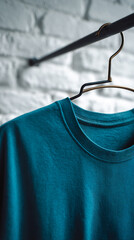 Poster - Close-up of teal cotton shirt texture hanging on a clothes hanger against a white brick wall, showcasing simple elegance and a blank space for design or text