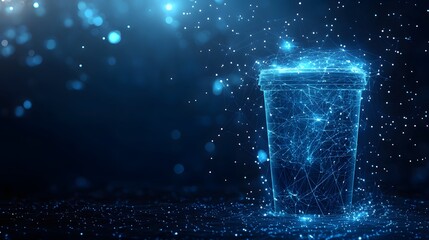 Poster - Futuristic digital landscape featuring an abstract disposable cup rendered as a glowing network. Blurry bokeh lights create depth and etherealness. Tech-oriented aesthetic. Abstract blue wireframe