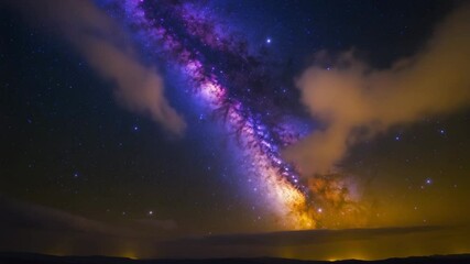 Poster - purple and blue night sky panorama showing milky way and stars on dark background, with noise and gr