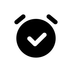Poster - Black alarm clock with a white check mark inside and two black bells on top, isolated on white background